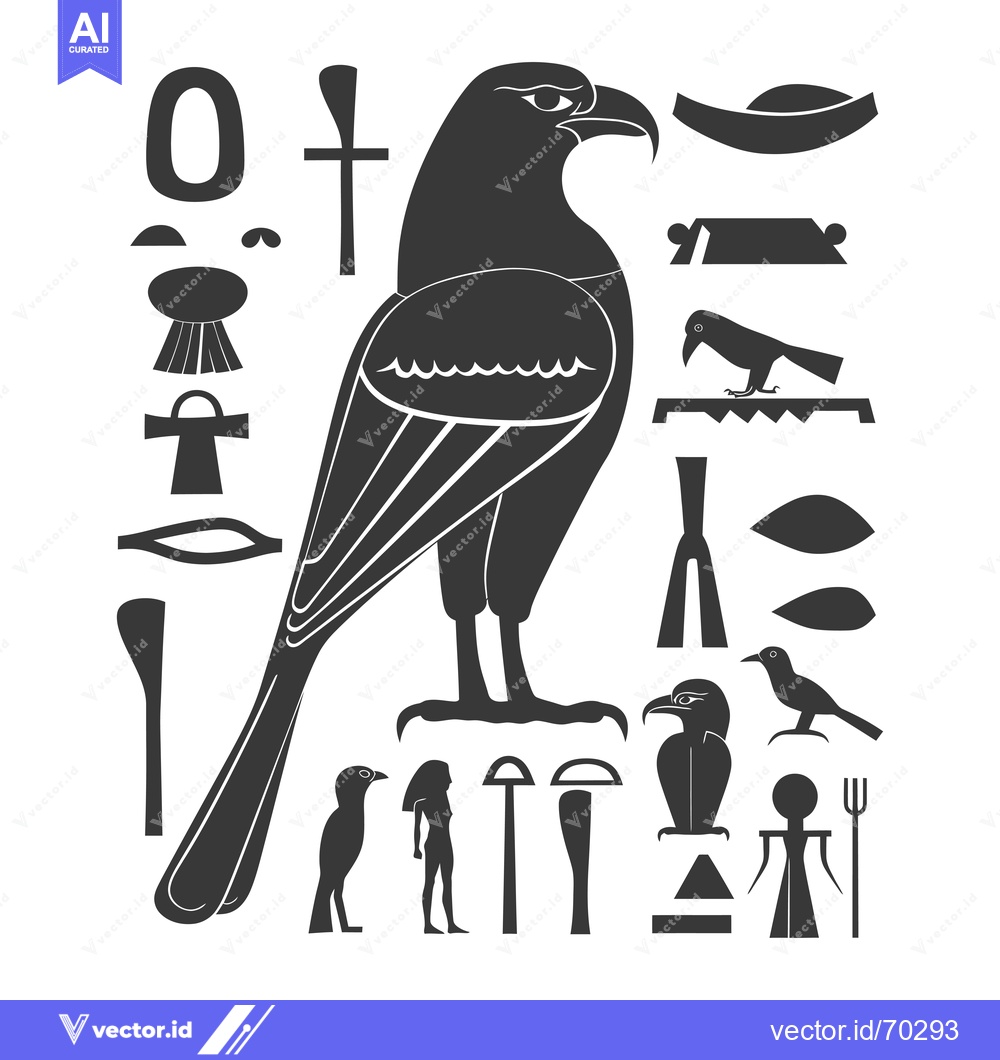 Premium Vector of Black and White Hieroglyphic Illustration of an Egyptian God with Symb