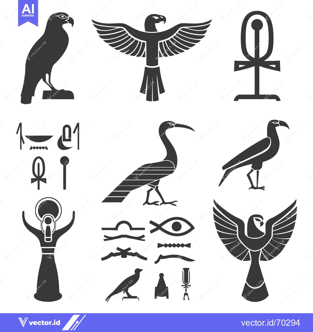Premium Vector of Egyptian Hieroglyphs and Symbols with Birds and Ankh