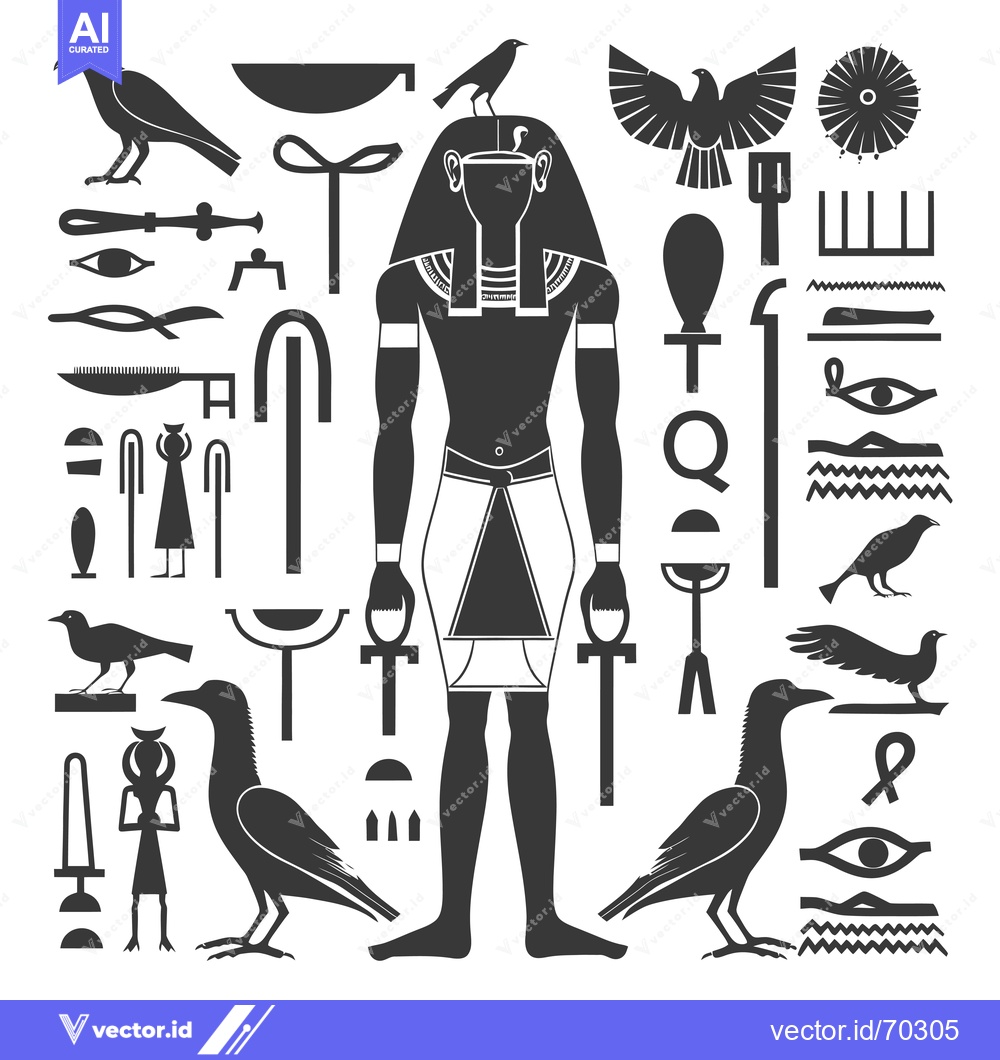 Premium Vector of Egyptian Hieroglyphs and Symbols with a Standing Pharaoh Figure