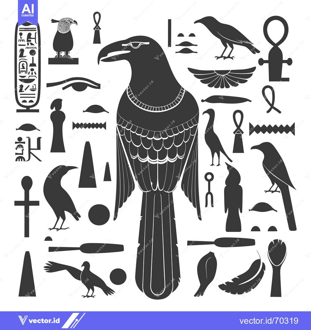 Premium Vector of Egyptian Hieroglyphs and Symbols Featuring a Large Black Bird