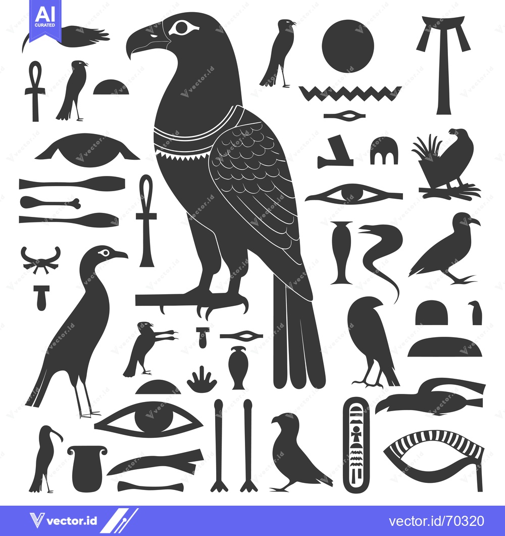 Premium Vector of Egyptian Hieroglyphs and Symbols Featuring a Horus Falcon
