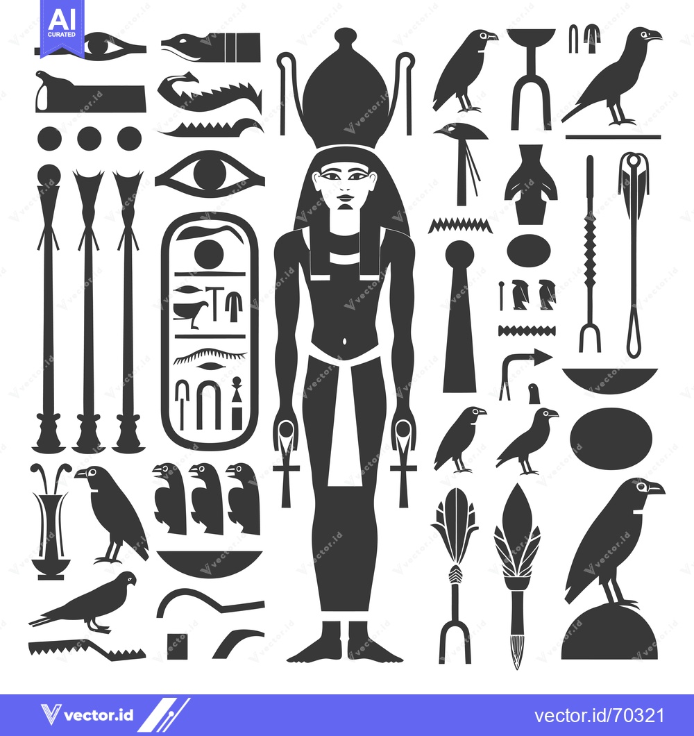 Premium Vector of Egyptian Hieroglyphics and Symbols with a Depiction of a Pharaoh