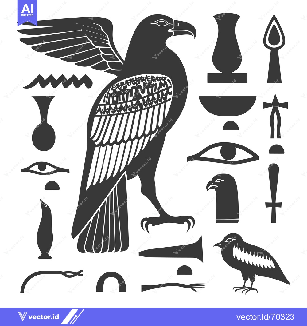 Premium Vector of Black and White Egyptian Hieroglyphics with an Eagle and Other Symbols
