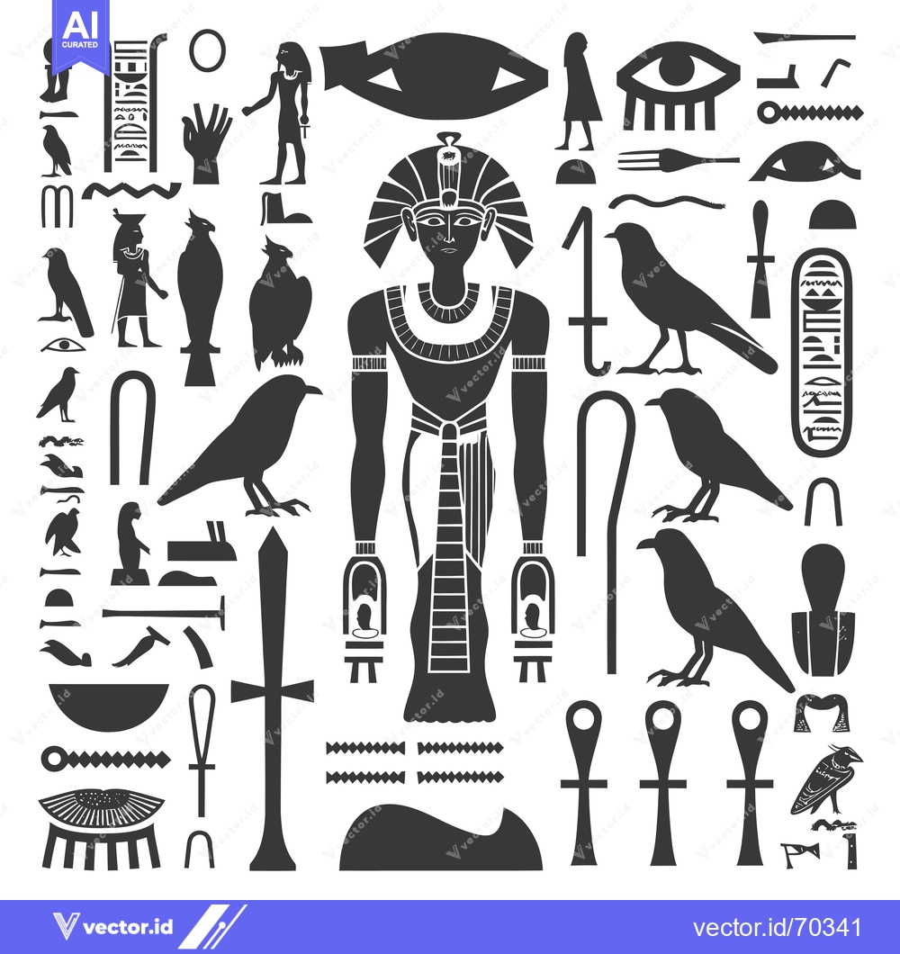 Premium Vector of Egyptian Hieroglyphs and Symbols with Standing Pharaoh Figure