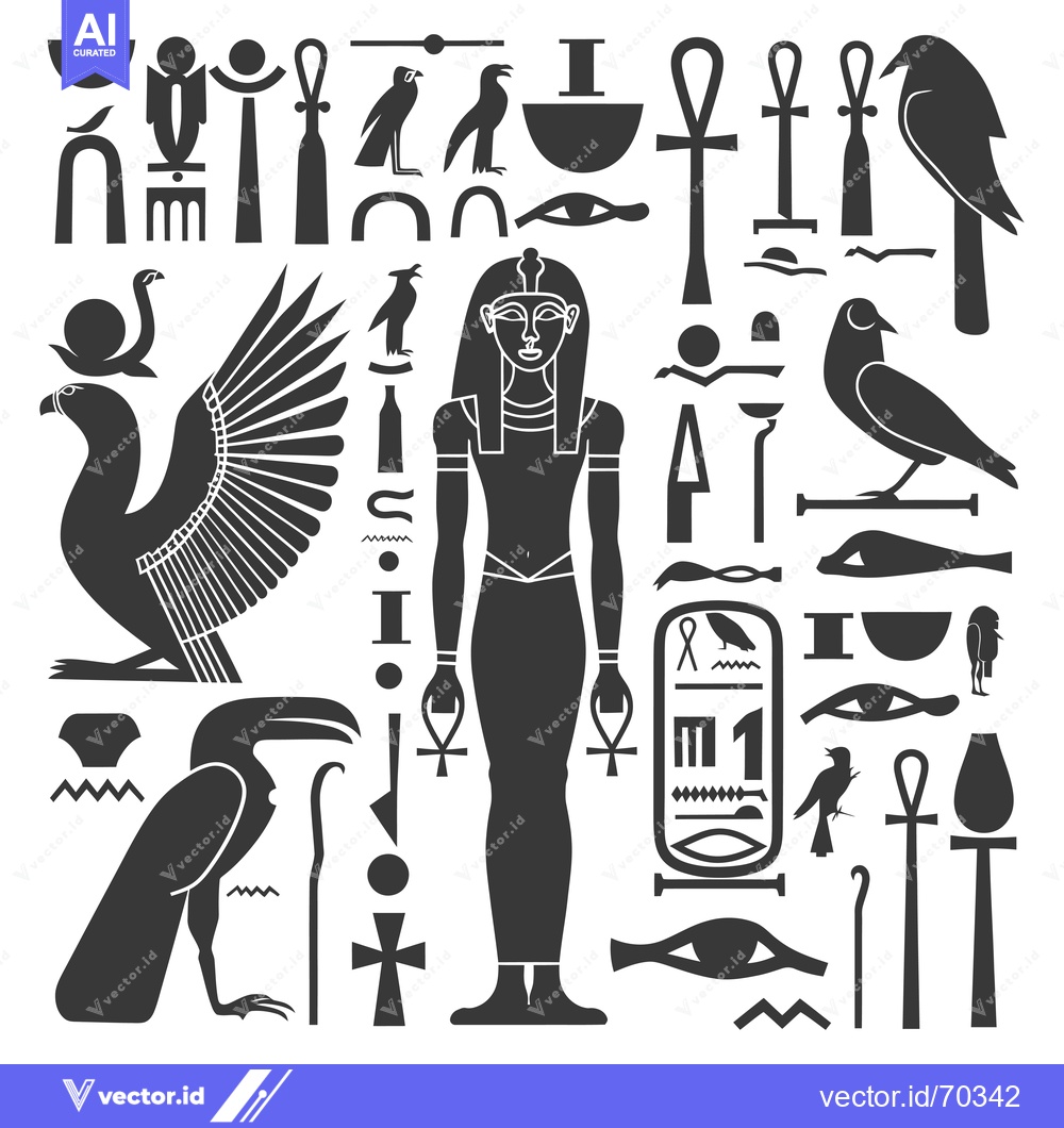 Premium Vector dari Egyptian Hieroglyphs and Symbols with a Human Figure and Birds