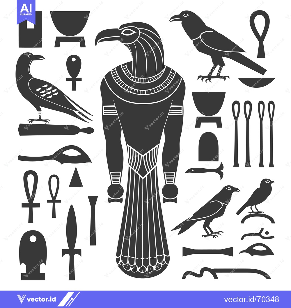 Premium Vector of Egyptian Hieroglyphs and Symbols with an Ankh, Bird, and Bowl