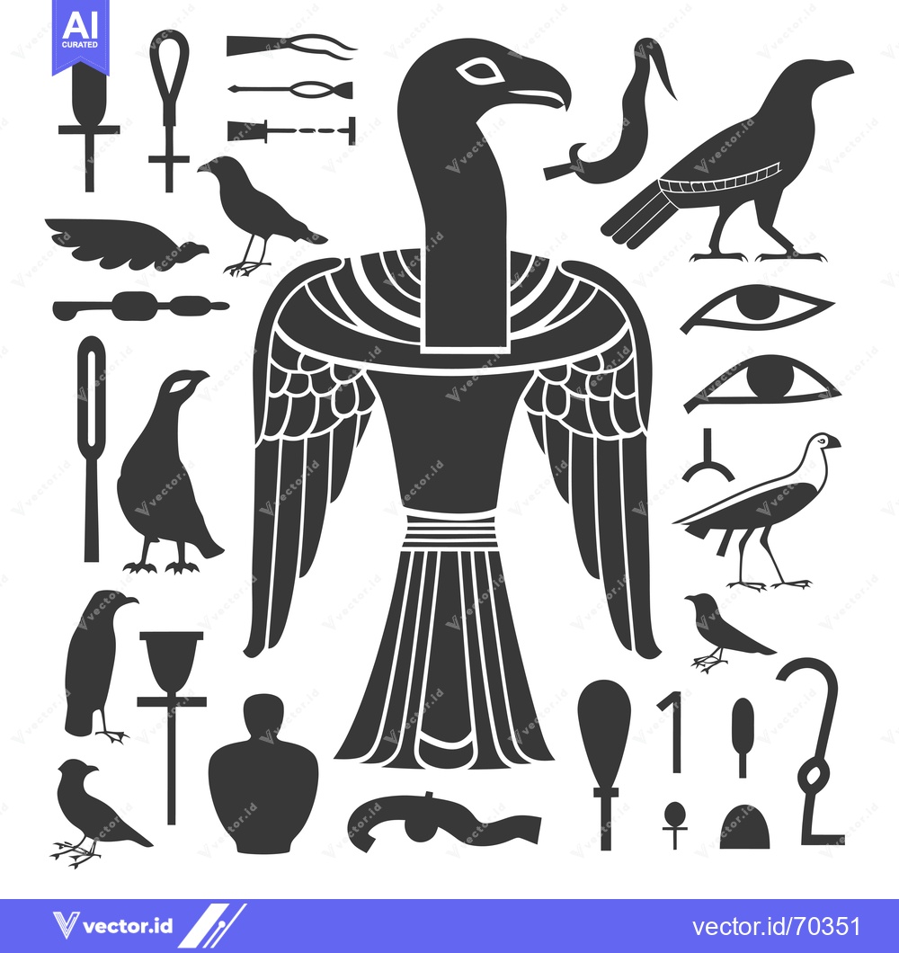 Premium Vector of Egyptian Hieroglyphs and Symbols with a Central Bird Deity