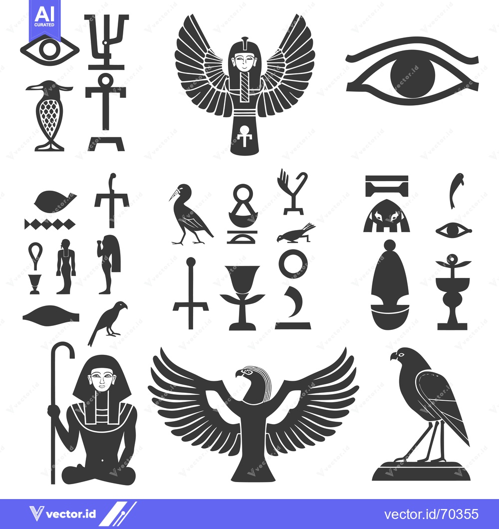 Premium Vector dari Collection of Ancient Egyptian Hieroglyphs and Symbols in Black Silhou