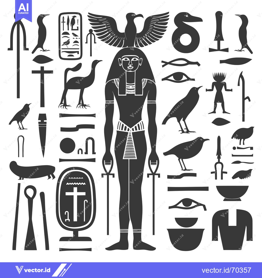 Premium Vector dari Egyptian Hieroglyphics Depicting a Human Figure with Birds, Symbols, a