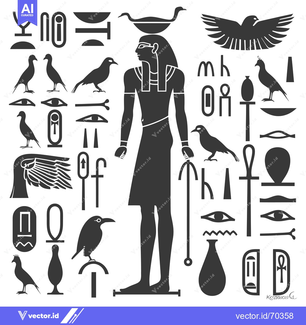 Premium Vector of Egyptian Hieroglyphics Depicting a Pharaoh with Symbols and Birds