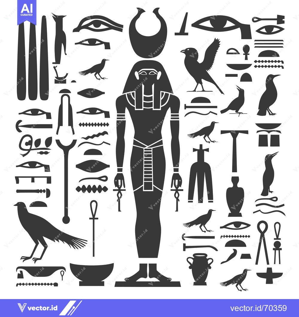 Premium Vector dari Egyptian Hieroglyphs and Symbols with a Standing Pharaoh Figure