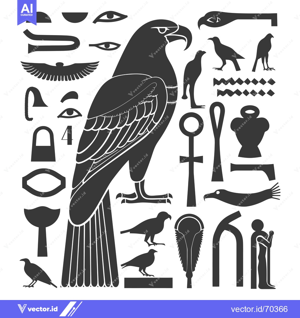 Premium Vector of Egyptian Hieroglyphs and Symbols Featuring a Bird of Prey