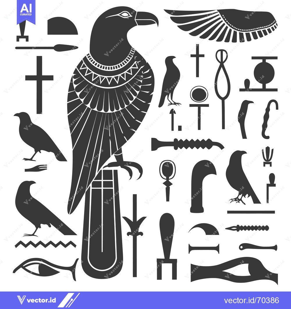 Premium Vector of A Collection of Egyptian Hieroglyphs with a Prominent Bird Figure