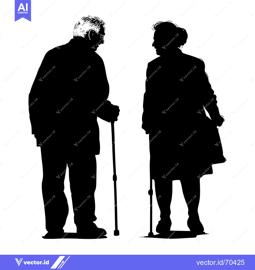 Premium Vector of Silhouette of Two Elderly People Holding Walking Sticks