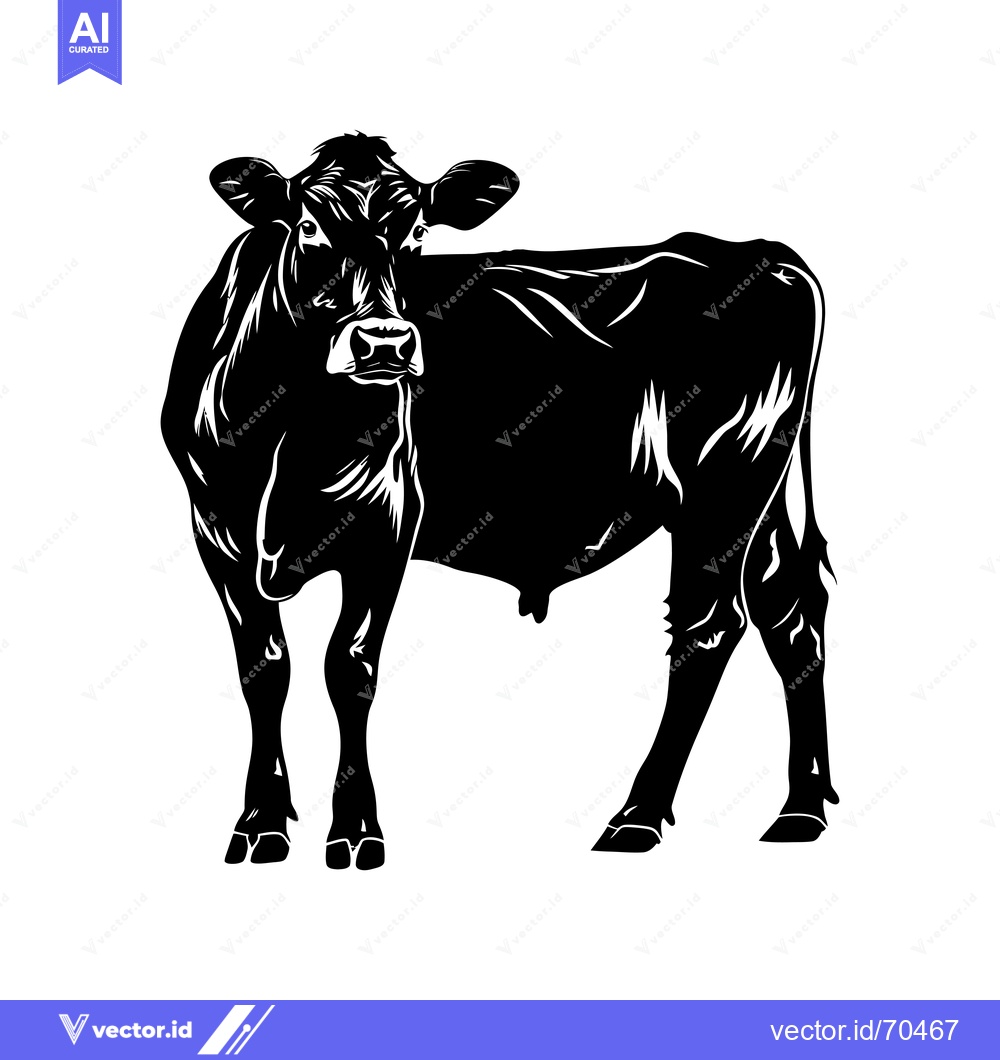Premium Vector dari Black and White Silhouette of a Cow Standing Facing Forward