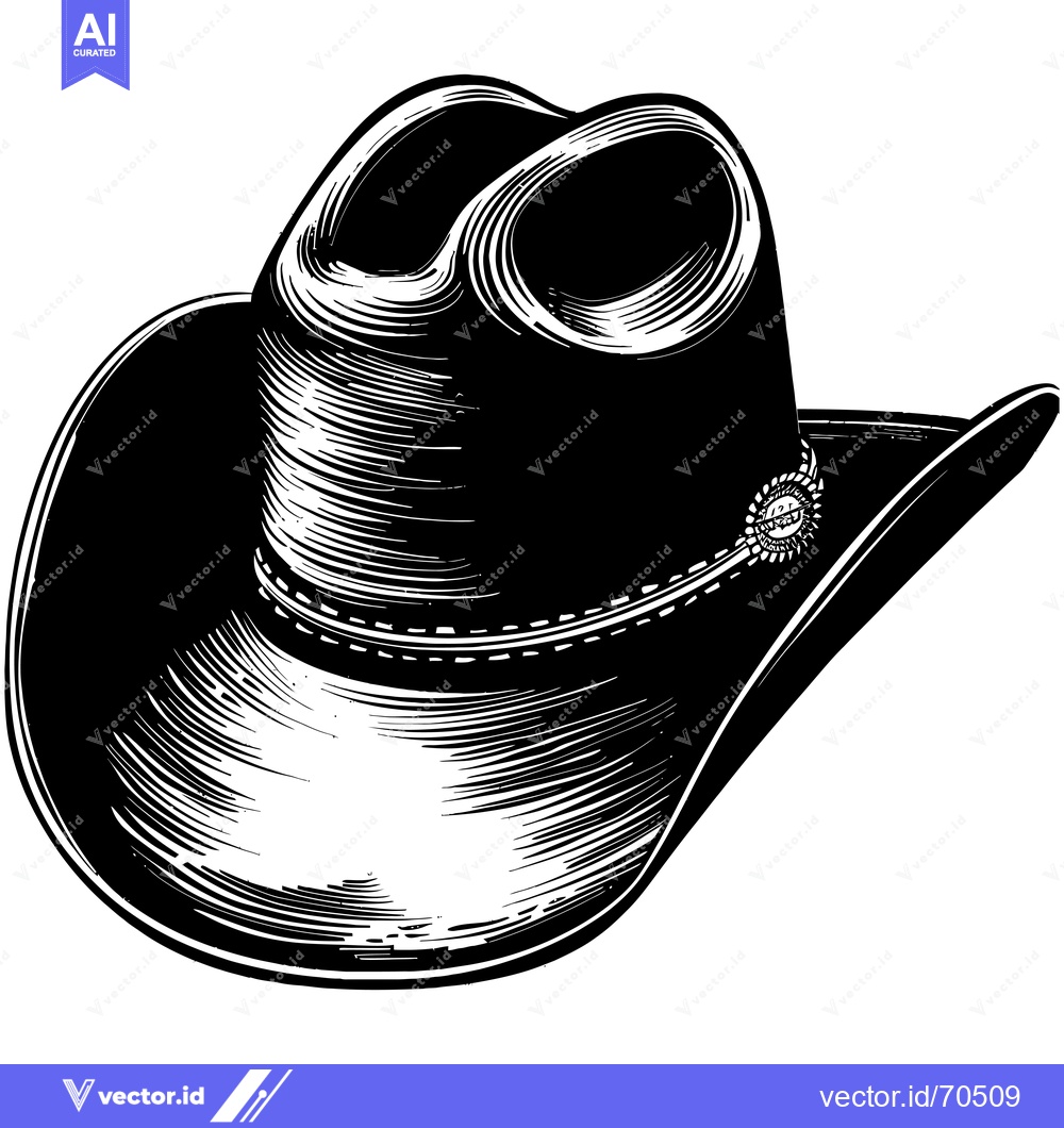 Premium Vector dari Black and white illustration of a cowboy hat with a band and a badge