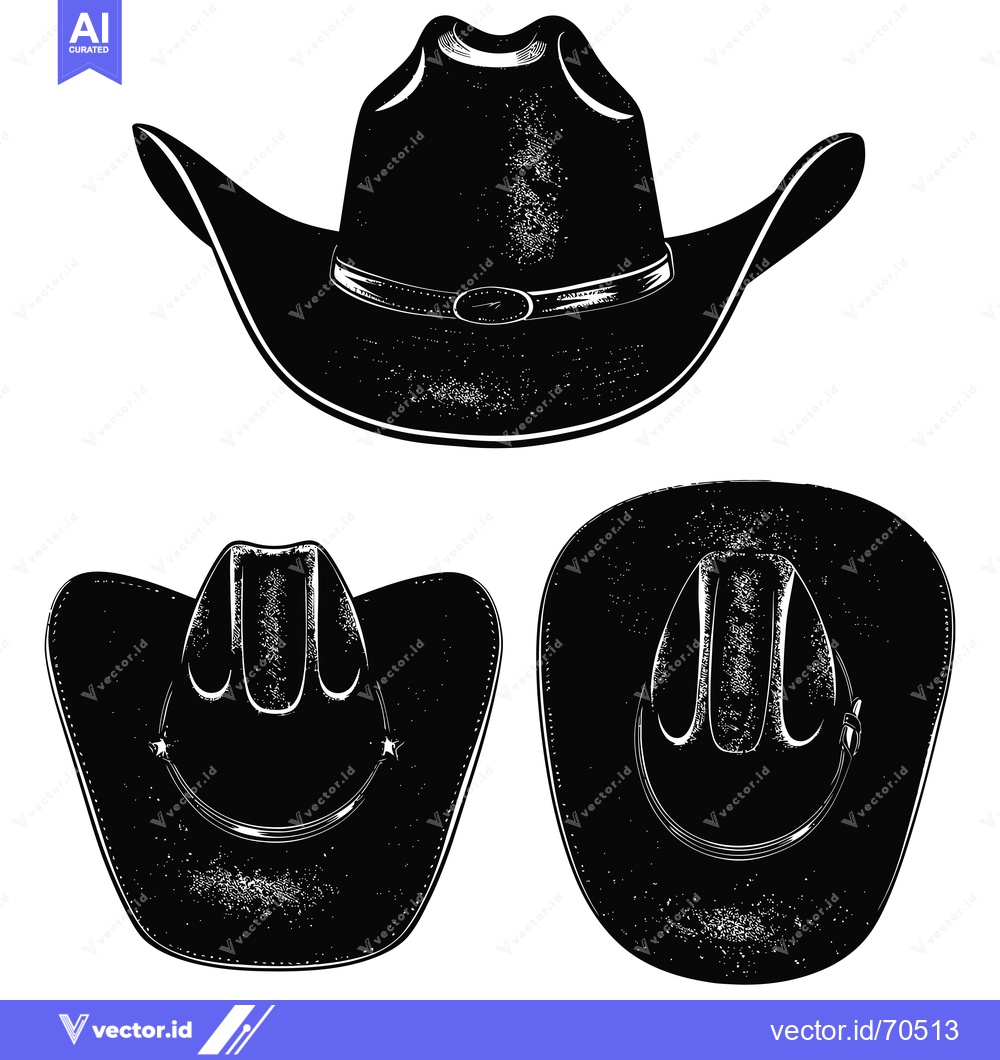 Premium Vector dari A Black and White Illustration of a Cowboy Hat Viewed from Three Angle