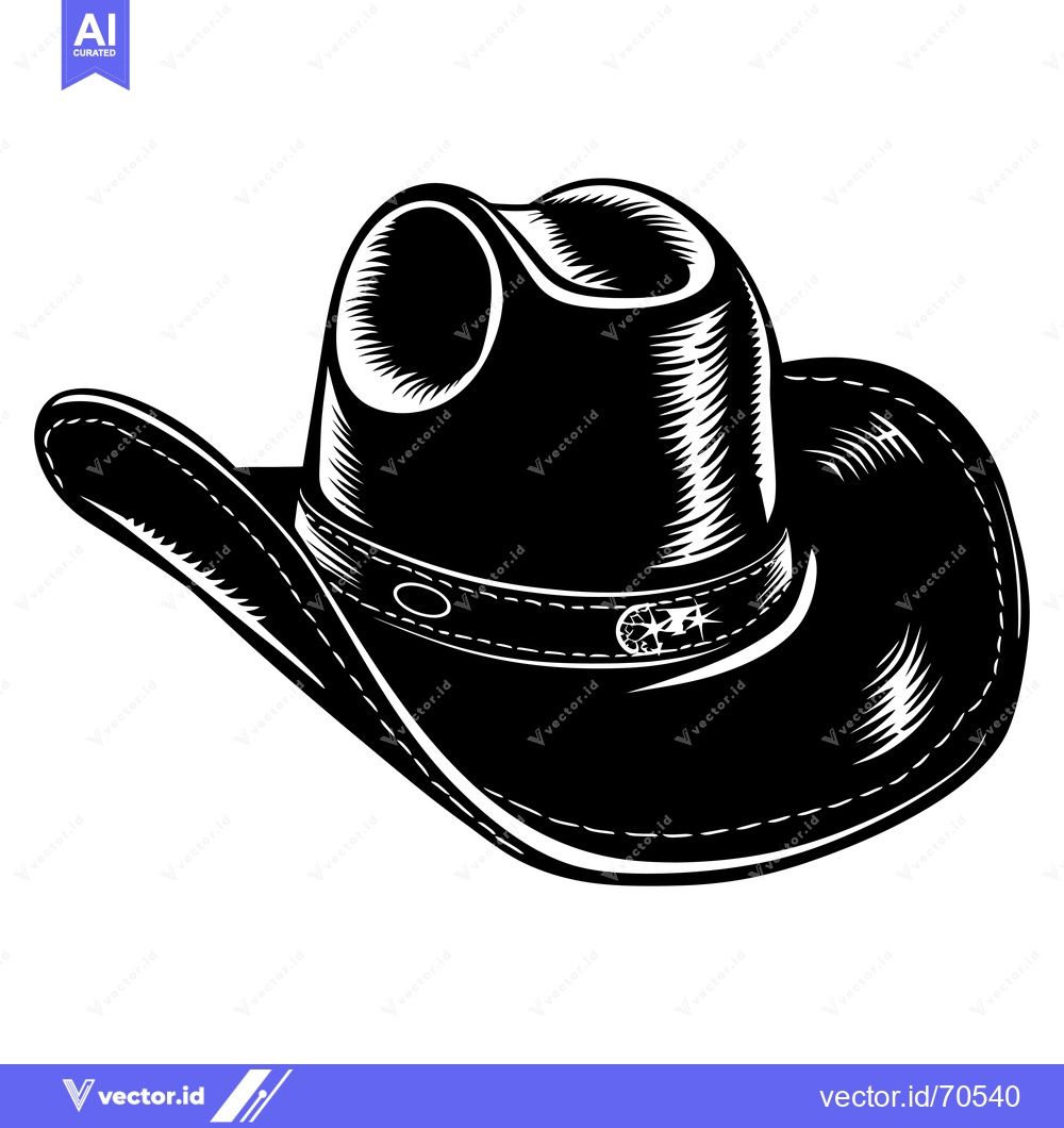 Premium Vector dari Black and White Illustration of a Cowboy Hat with a Star Detail