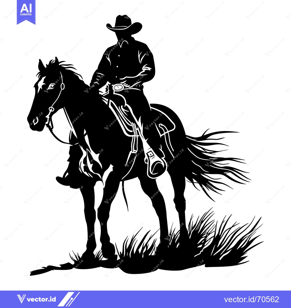Premium Vector dari Silhouette of a Cowboy Riding a Horse in Grass