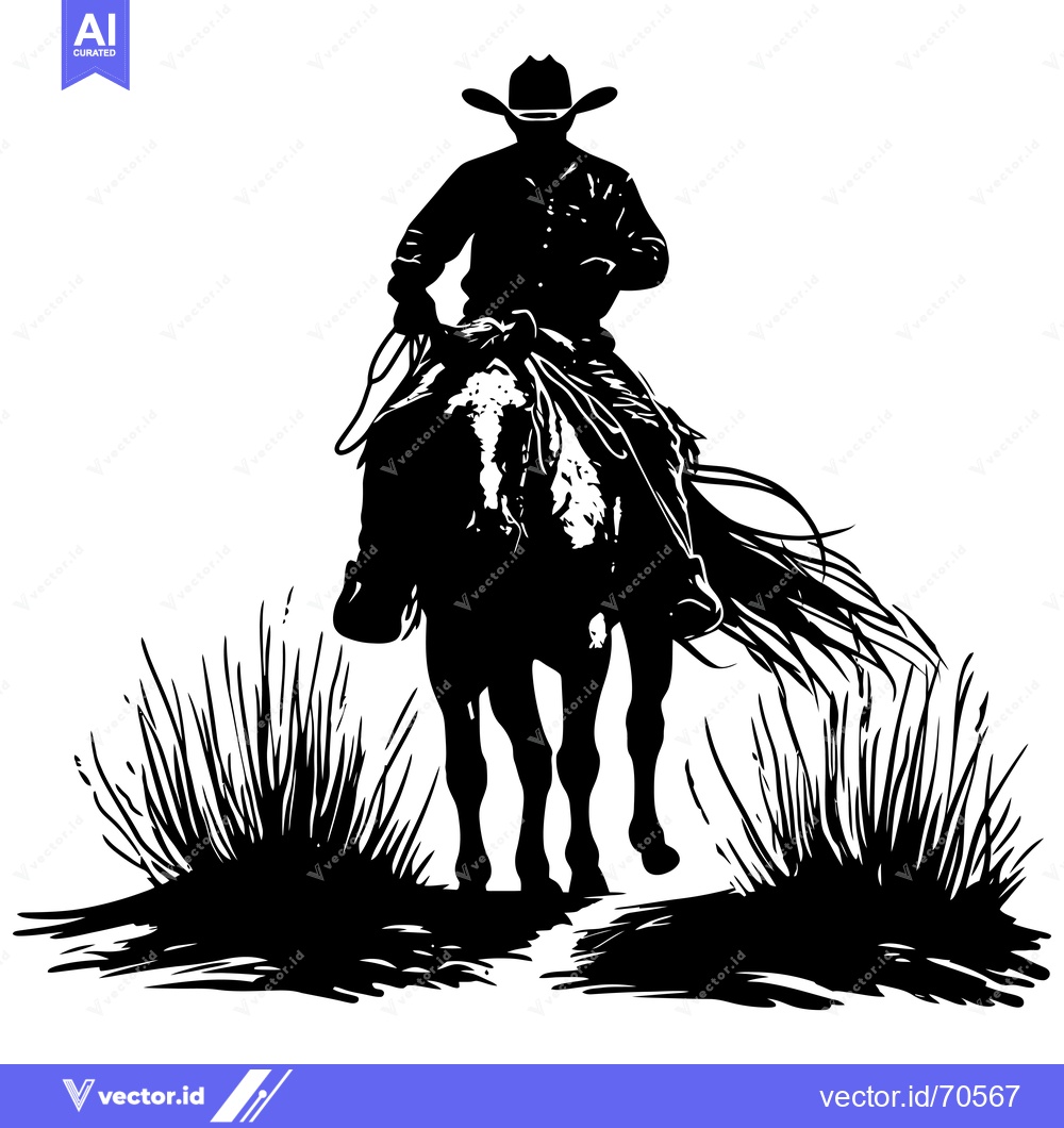 Premium Vector dari Silhouette of a Cowboy Riding a Horse Through Grass