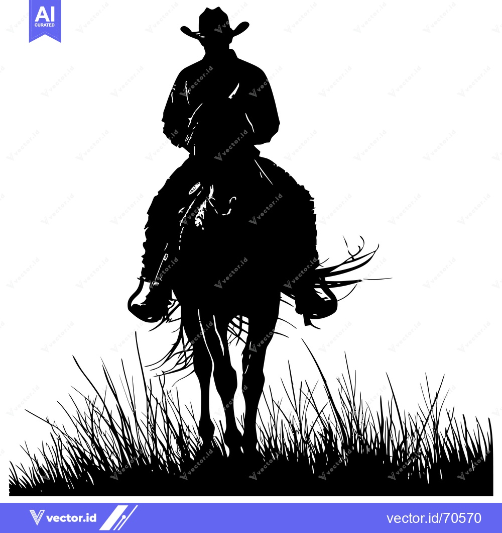Premium Vector dari Silhouette of a Cowboy Riding a Horse Through Tall Grass