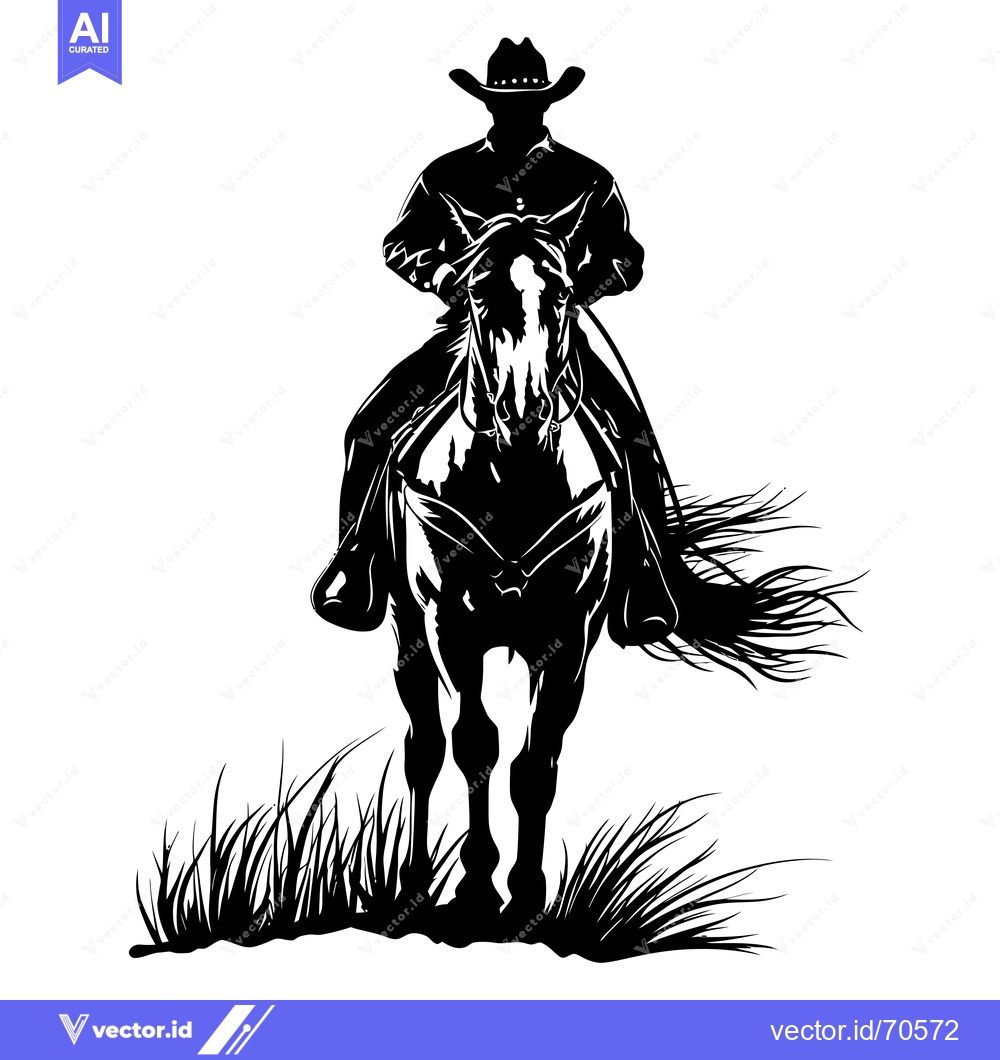 Premium Vector of Silhouetted Cowboy Riding a Horse Through Tall Grass