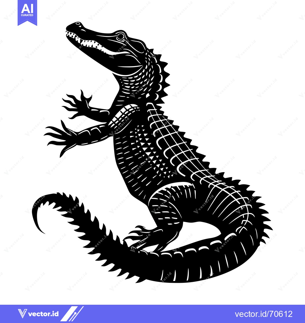 Premium Vector dari Black and White Silhouette of a Standing Alligator with a Curled Tail