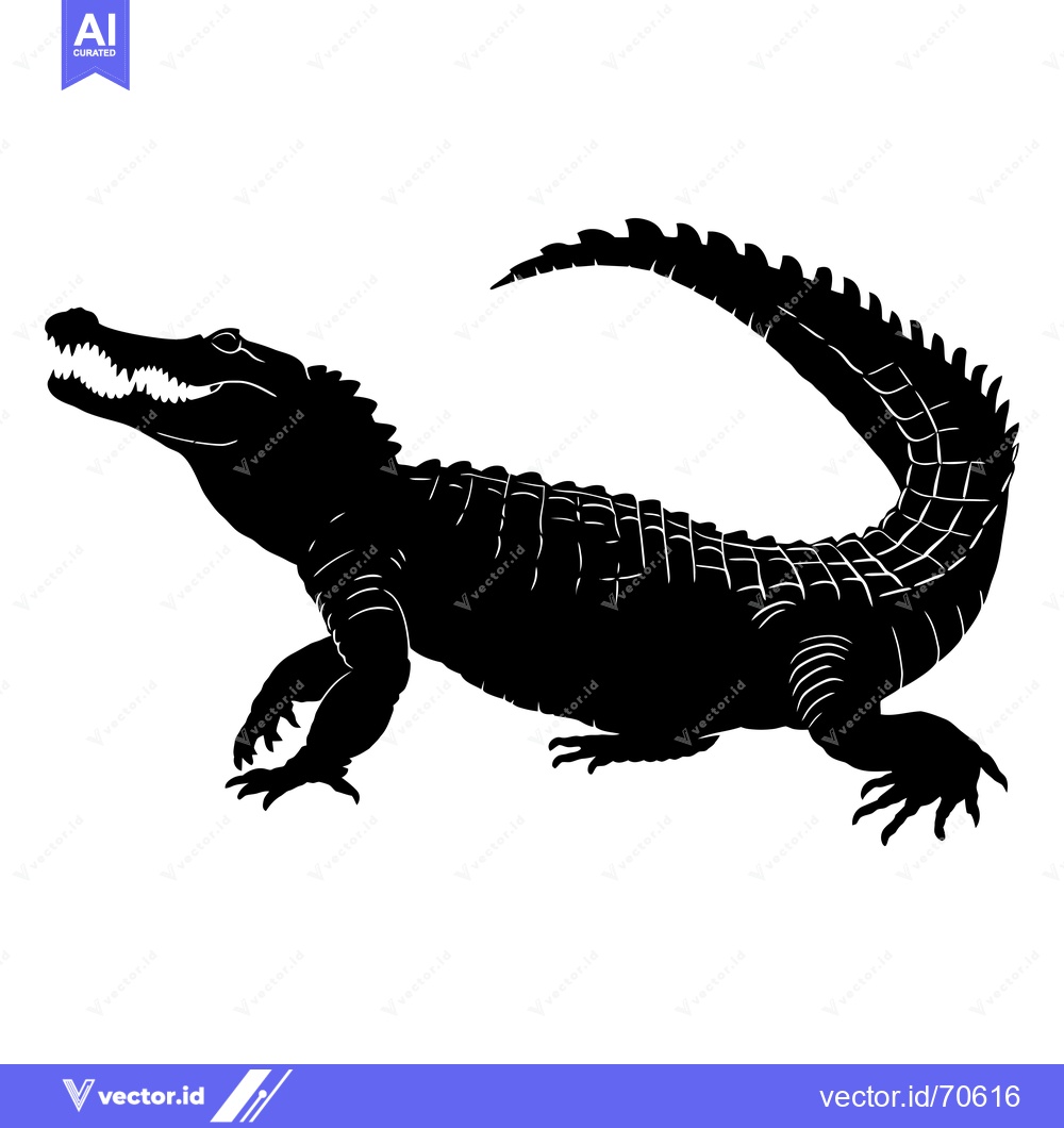 Premium Vector of Black and White Silhouette of a Crocodile with a Curved Tail