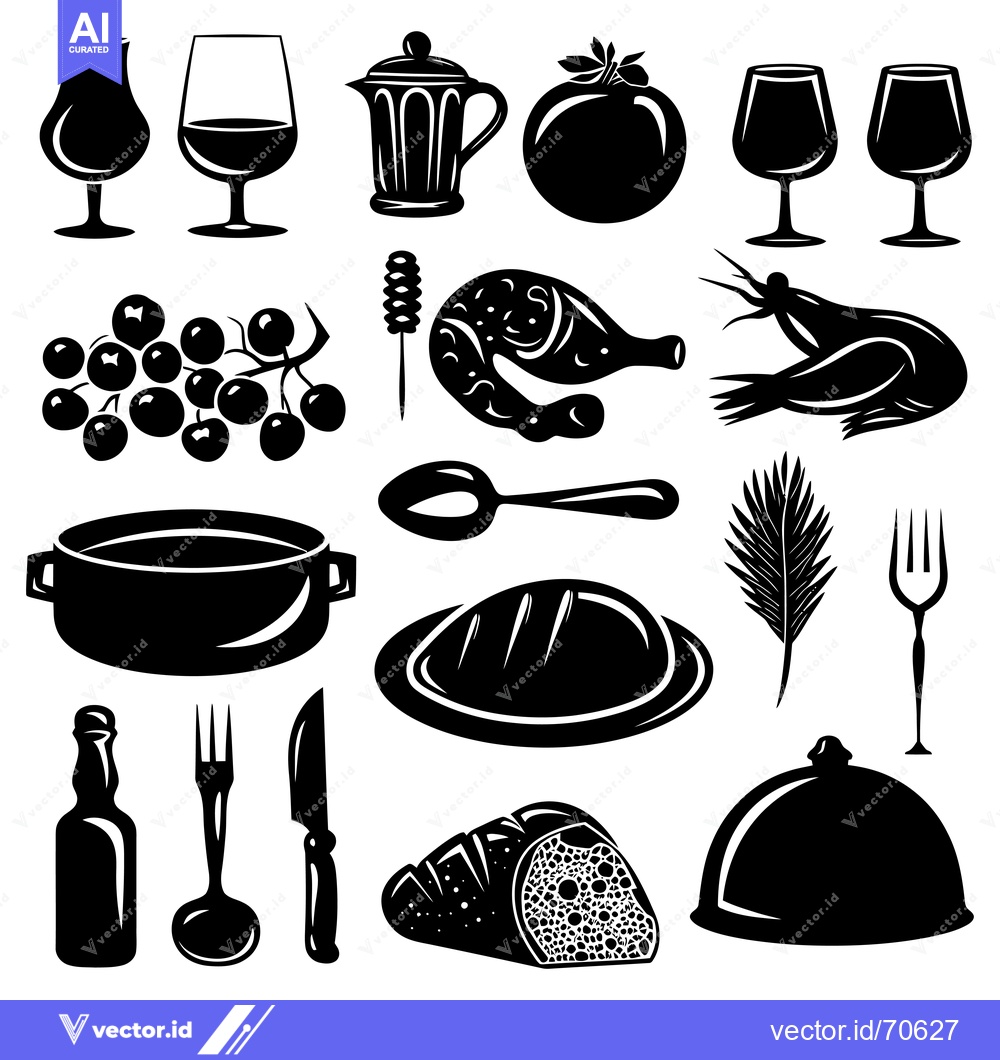 Premium Vector dari Black and White Silhouette Icons of Food, Drink, and Tableware