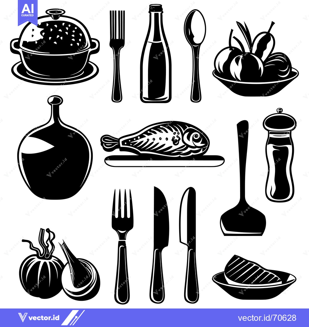Premium Vector of Black and White Illustrations of Various Food and Utensils