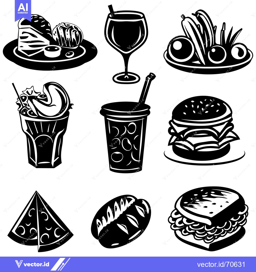 Premium Vector dari Black and White Silhouettes of Various Food Items