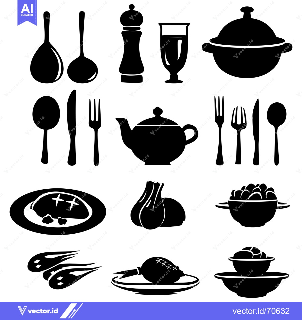 Premium Vector dari Black Silhouette Icons of Kitchen Utensils and Food Items
