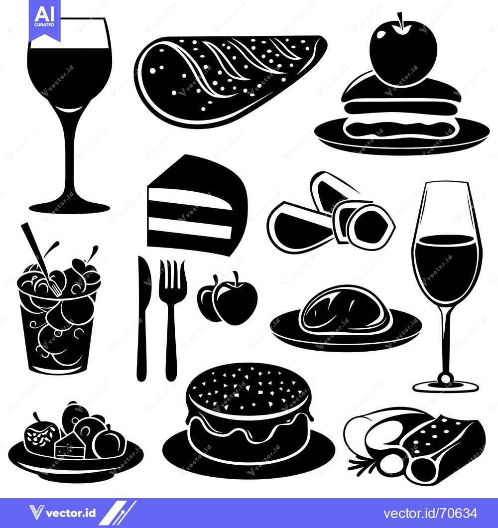 Premium Vector of Black and White Silhouette Illustrations of Various Food and Drink Ite