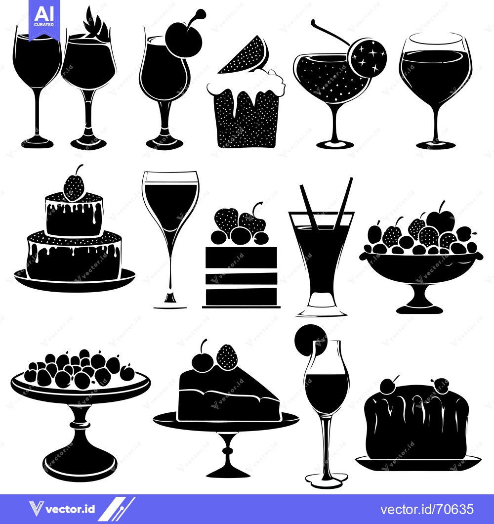 Premium Vector dari Black and White Silhouettes of Desserts and Drinks