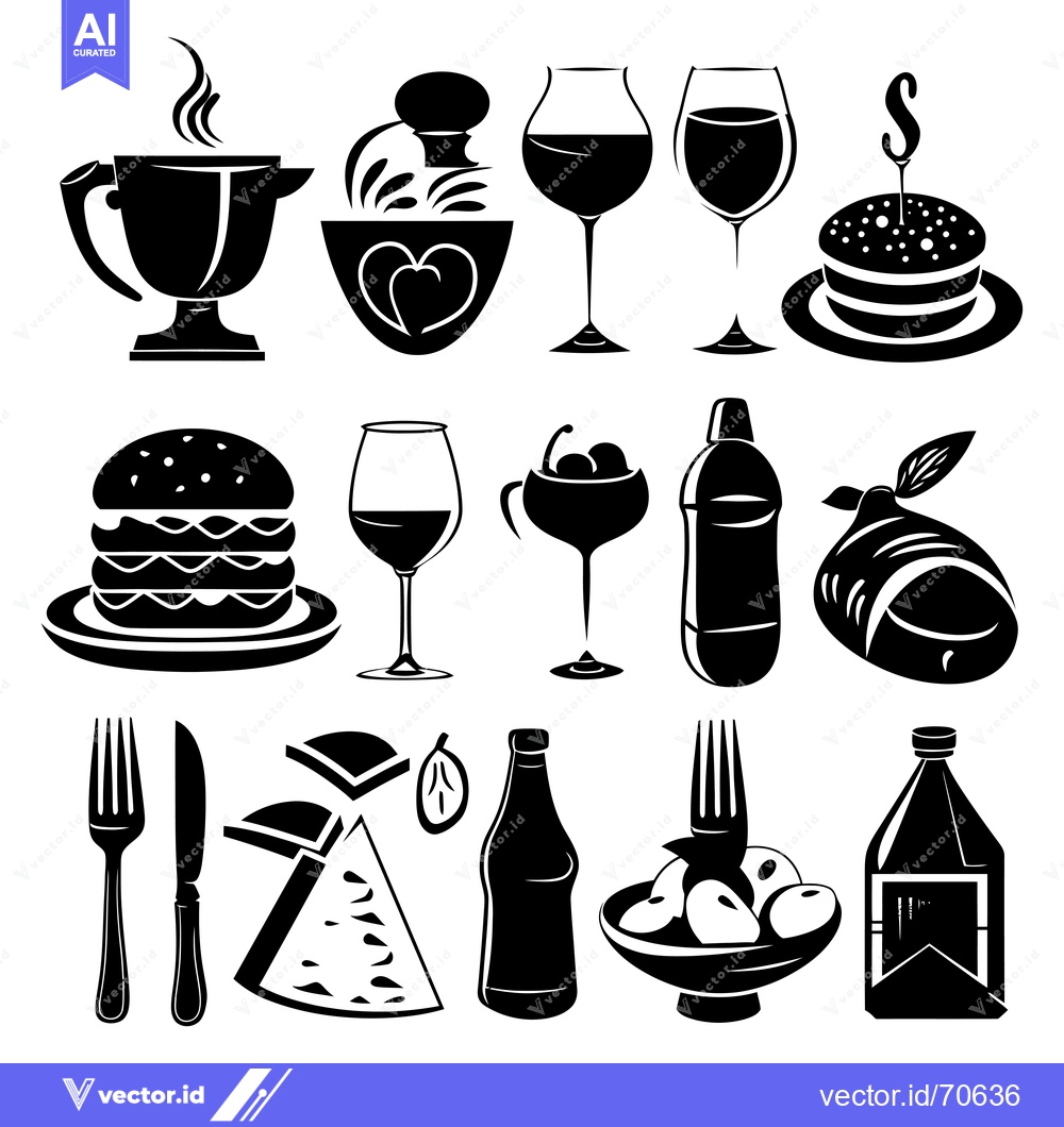 Premium Vector of Black and White Silhouette Icons of Food and Drink Items