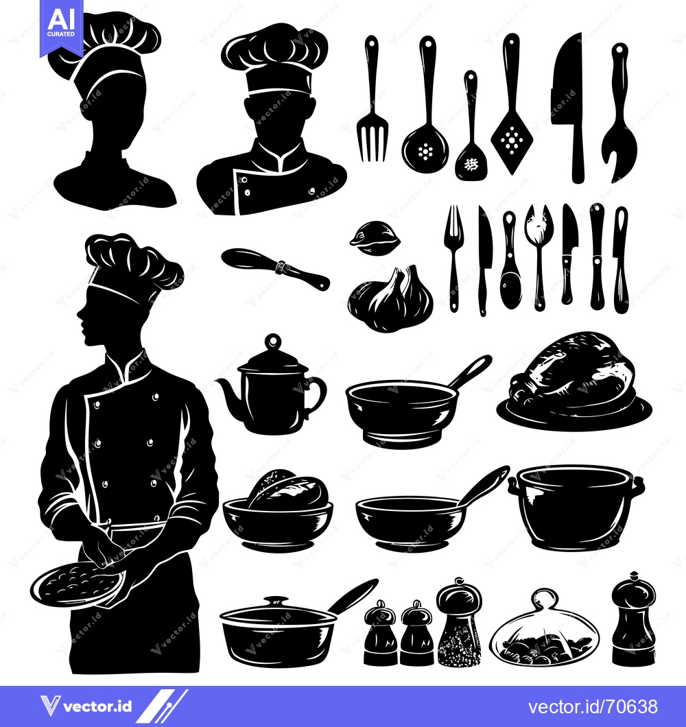 Premium Vector of Black and White Illustration of Chef and Kitchen Utensils