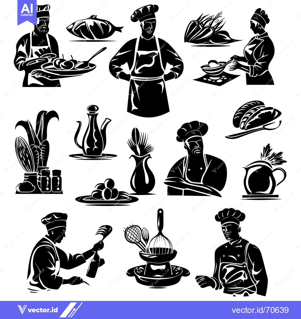 Premium Vector dari Black and White Silhouettes of Chefs, Food, and Kitchen Utensils