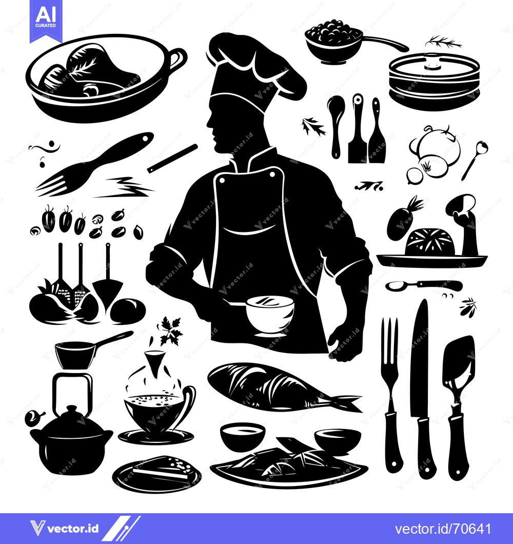 Premium Vector dari Silhouette of a Chef with Various Cooking Utensils and Food Items