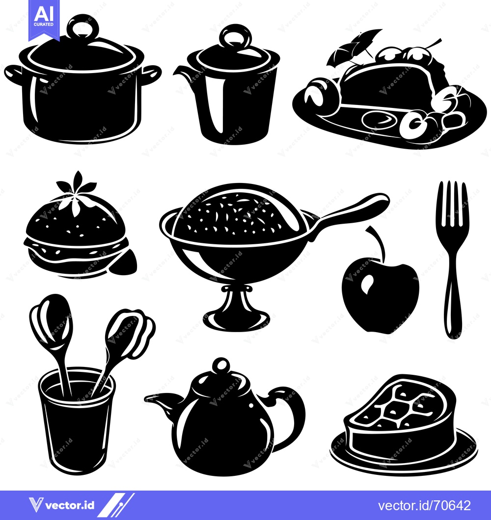 Premium Vector dari A Set of Black and White Silhouettes of Food and Kitchen Utensils