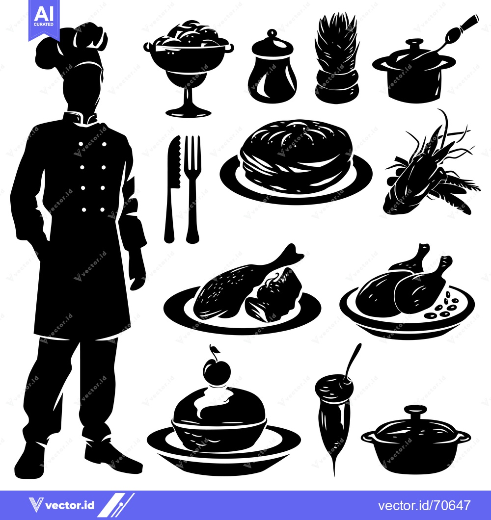 Premium Vector of Black and White Illustration of a Chef and Various Food Items