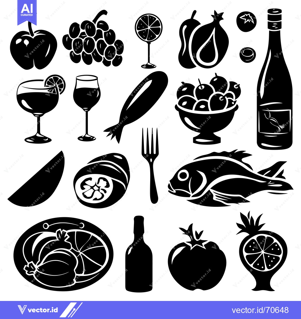 Premium Vector of Black and White Silhouette Icons of Food and Drinks