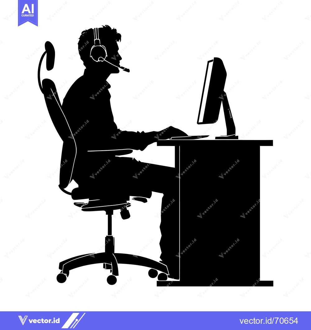 Premium Vector dari Silhouette of a Person Wearing Headphones Sitting at a Desk in Front o