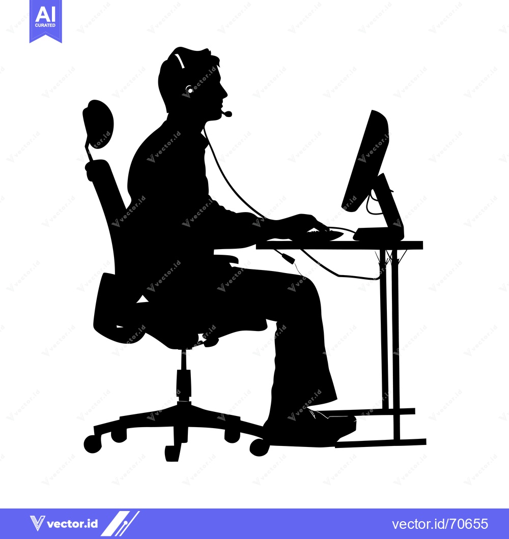 Premium Vector dari Silhouette of a Person Wearing a Headset and Working at a Computer Des