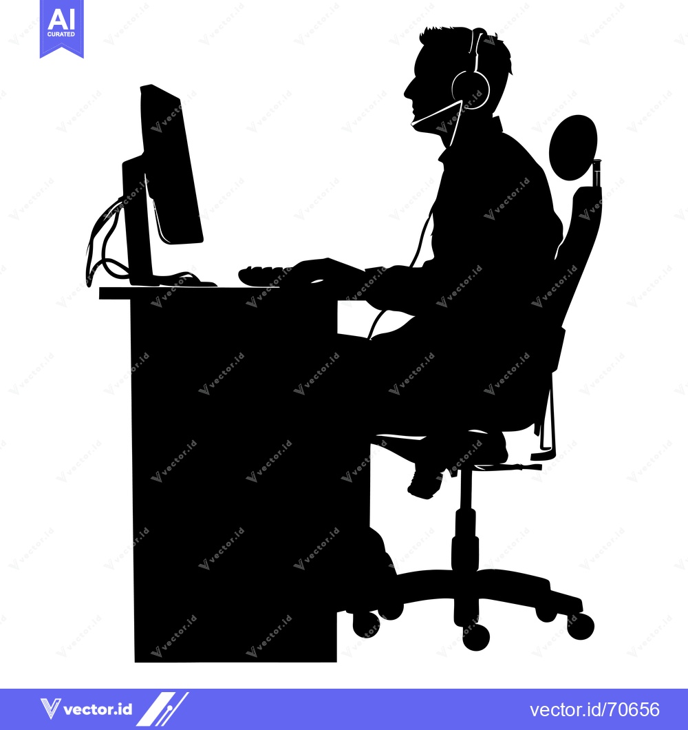 Premium Vector of Silhouette of a Person Sitting at a Computer Desk Wearing Headphones