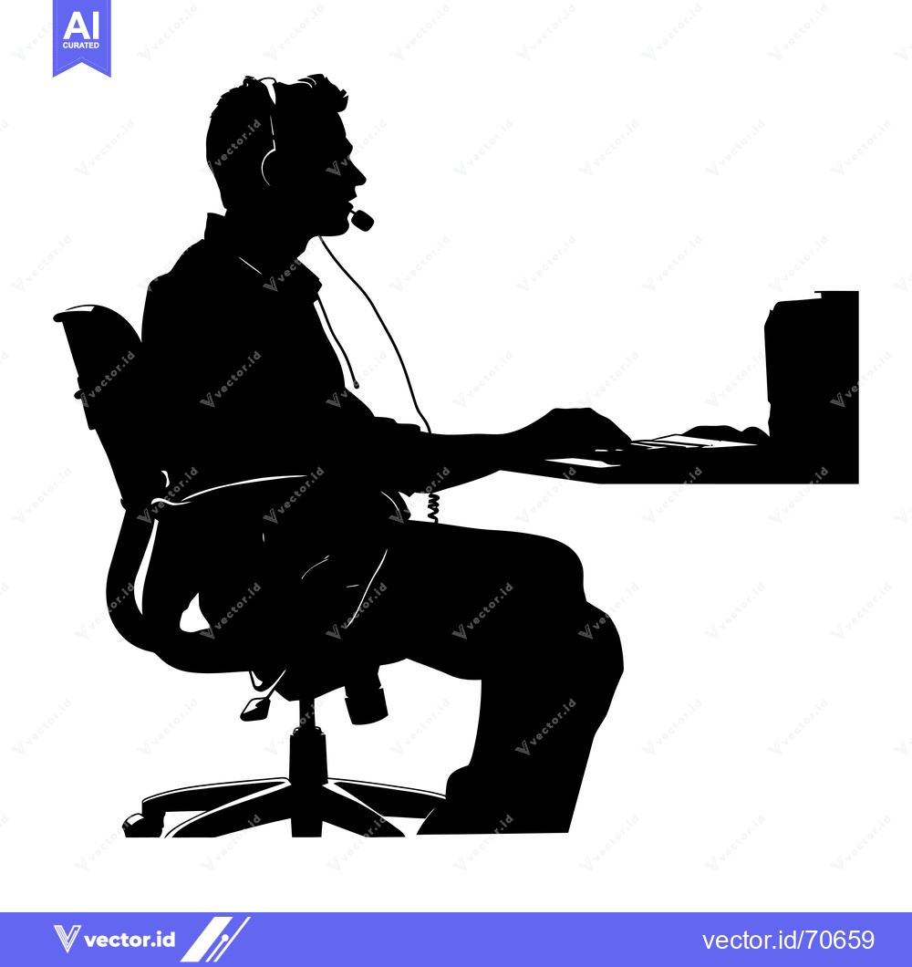 Premium Vector dari Silhouette of a Person Wearing a Headset Sitting at a Desk with a Comp