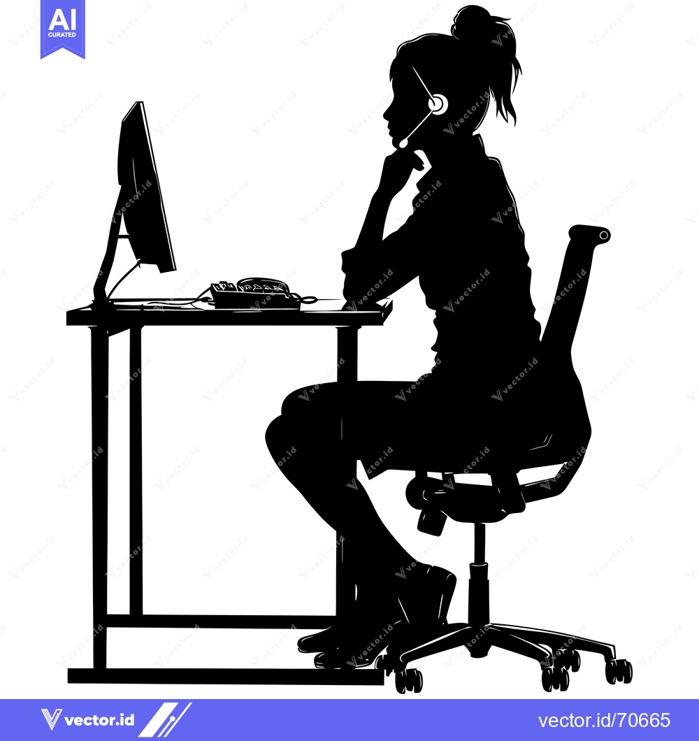 Premium Vector dari Silhouette of a woman working at a desk with a computer and headset
