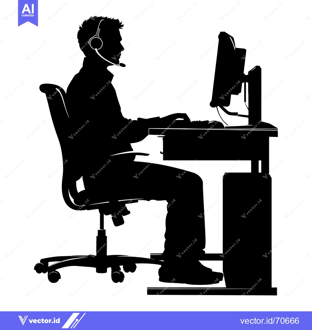Premium Vector of Silhouette of a Person Wearing a Headset Sitting at a Desk Using a Com