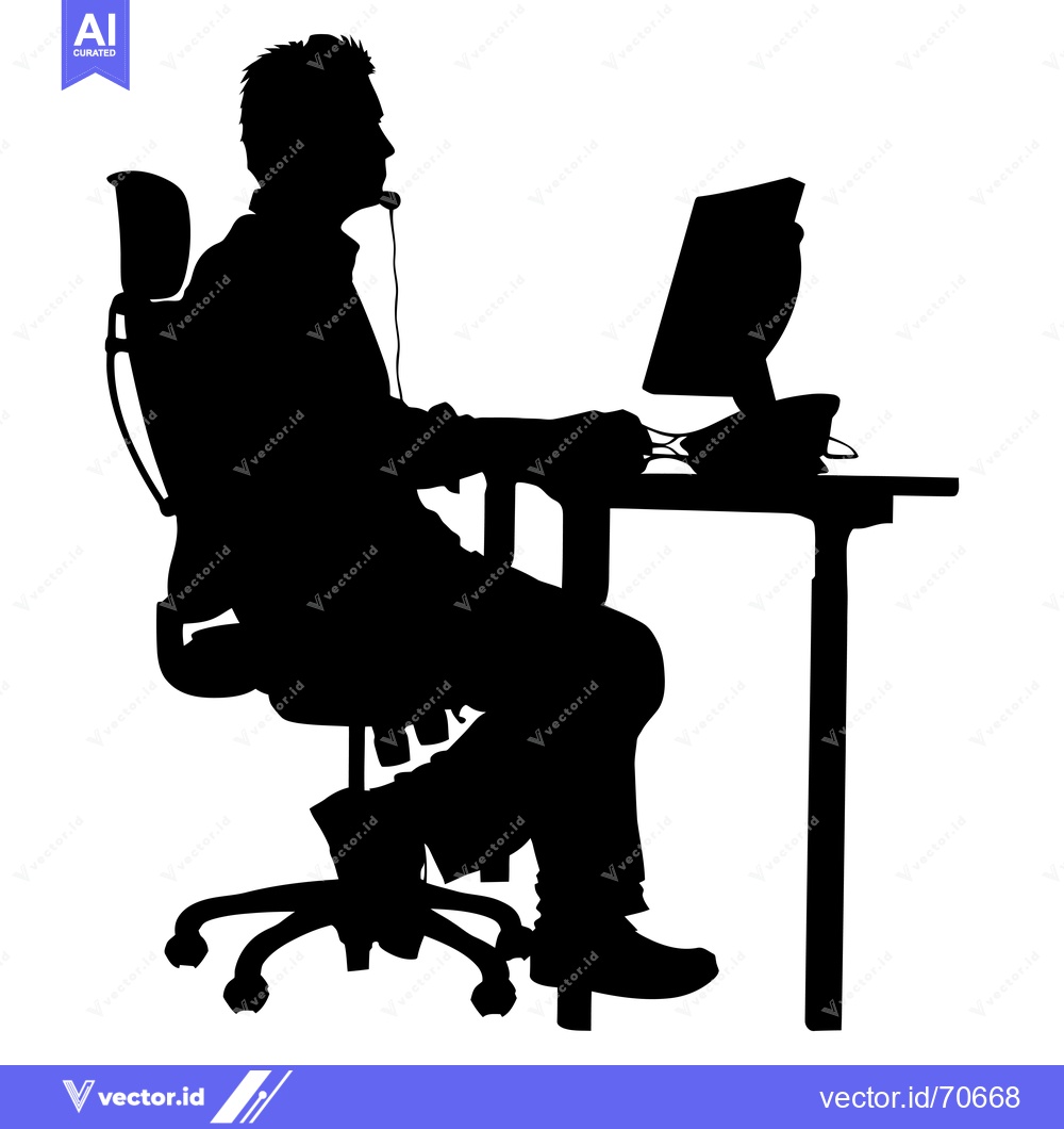 Premium Vector of Silhouette of a Person Sitting at a Desk with a Computer and Headset