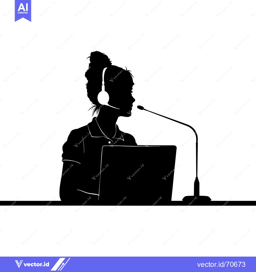 Premium Vector dari Silhouette of a Woman Wearing a Headset at a Desk with a Laptop and Mi
