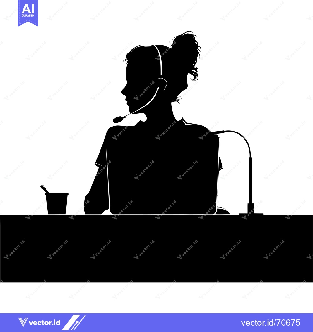 Premium Vector of Black and White Silhouette of a Woman Using a Laptop with a Headset